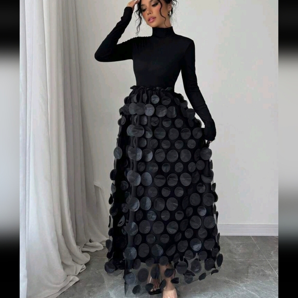 Women's Turtleneck Ribbed Splice Floral Mesh Elegant Long Sleeve Dress - Picture 4 of 4